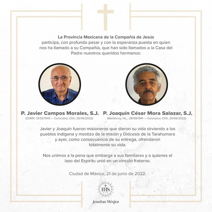 El asesinato de los jesuitas Javier Campos Morales y Joaquín César Mora Salazar ocurrió al interior de una iglesia en el poblado serrano de Cerocahui, Chihuahua. Foto tomada del Twitter de @Jesuitas_Mexico