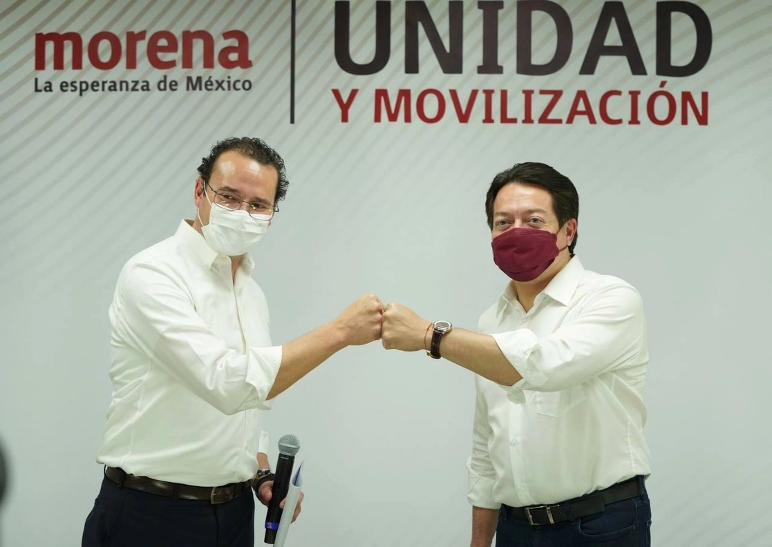 Mario Delgado, dirigente nacional de Morena y Xavier Nava Palacios, alcalde y aspirante por el municipio de SLP, el 14 de febrero de 2021. Foto tomada del Twitter de @mario_delgado