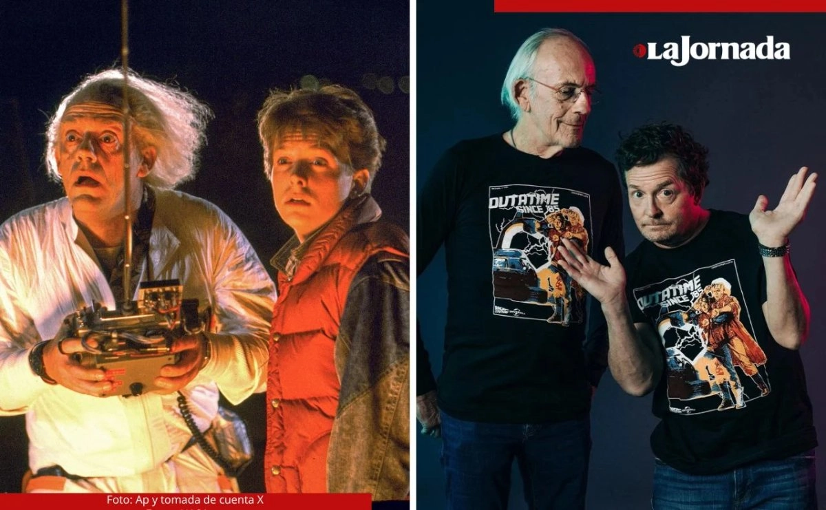 Fotograma de la película 'Volver al futuro' (1985). A la derecha, los actores Christopher Lloyd y Michael J. Fox, hoy día. Foto 
