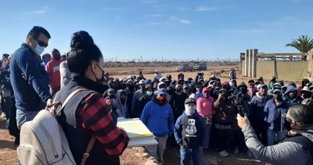 Un millar de jornaleros de la empresa San Marcos Invernaderos, con sede en el Valle de San Quintín, paró labores porque desde mediados del año pasado empezaron a recibir su pago en partes y se les deben varias semanas, incluidos aguinaldos. Foto cortesía Lucila Hernández
