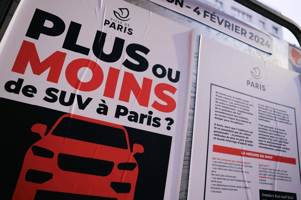 Esta fotografía muestra una frase que dice "Más o menos SUV en París?" mientras los residentes de París votan sobre la creación de tarifas de estacionamiento especiales para los automóviles y vehículos utilitarios deportivos (SUV) más pesados ​​y contaminantes en París el 4 de febrero de 2024. Foto Afp