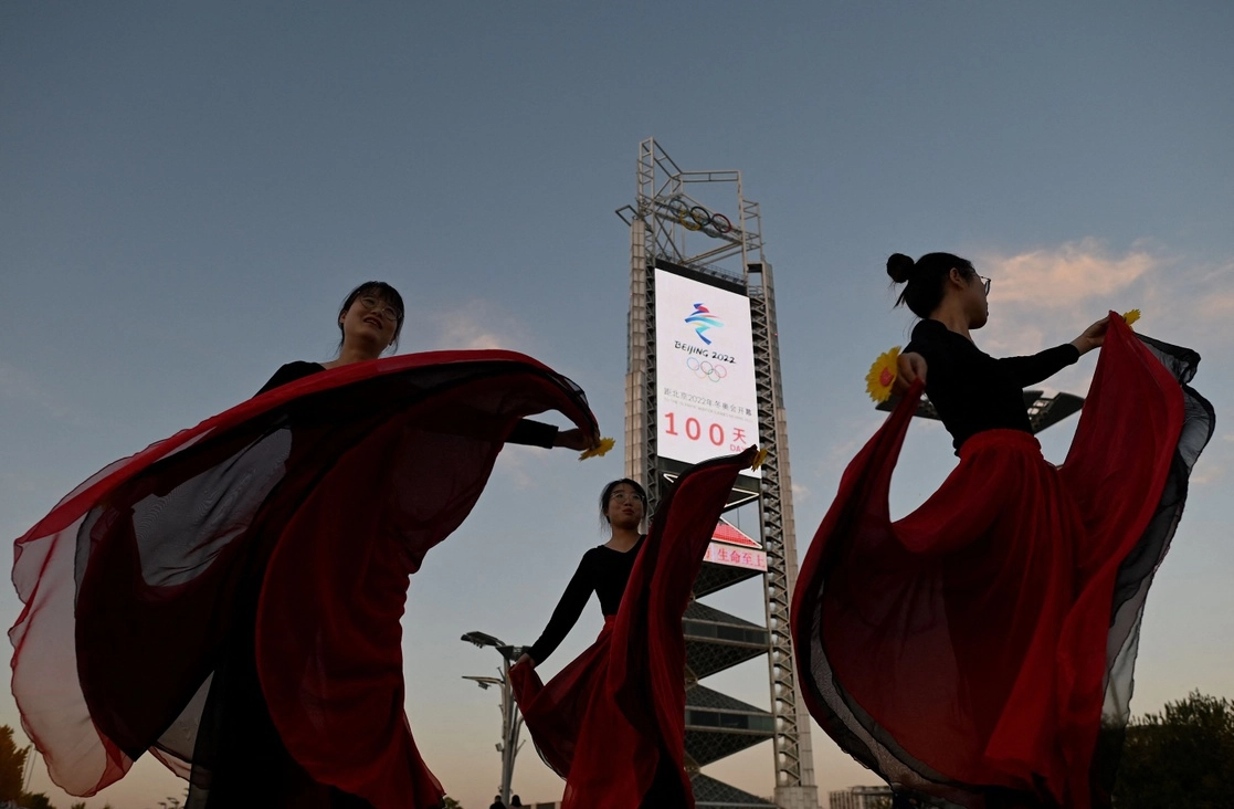 Evento por la cuenta regresiva, a cien días de la inauguración de los Juegos Olímpicos de Invierno de Pekín 2022, el 27 de octubre de 2021. Foto Afp