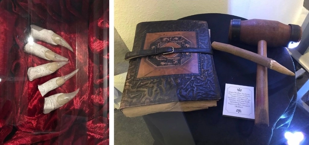 Vestuario y garras que utilizó el actor Klaus Kinski para encarnar al monstruo deseoso de sangre. Derecha, artefactos utilizados por los cazadores de vampiros. Foto tomadas de la página de Facebook del museo