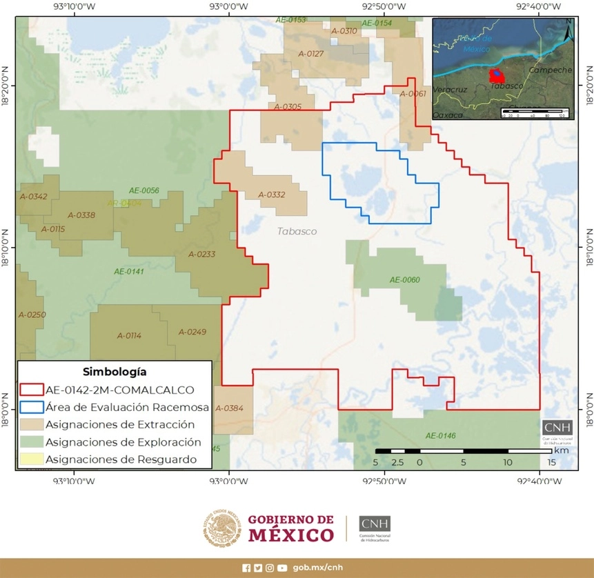 Pemex señaló que el descubrimiento se realizó con la perforación del pozo Racemosa-1EXP, ubicado en Villahermosa, el cual resultó productor de aceite y gas en el Cretácico Superior – Medio. Foto tomada del Twitter de @CNH_MX