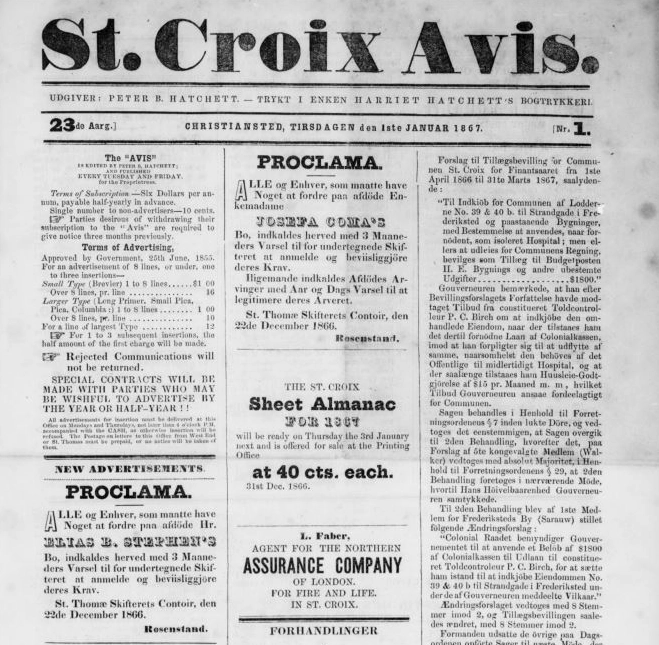 Portada del diario St. Croix Avis en imagen de archivo. Foto Archivo Digital Nacional de Puerto Rico