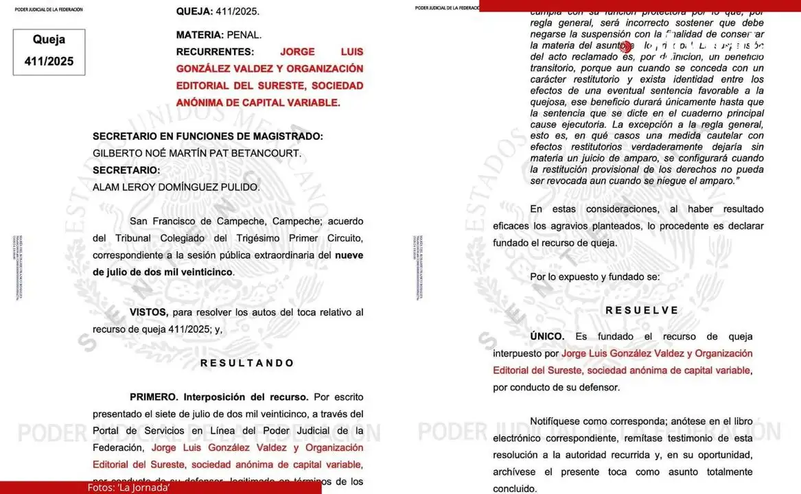 El Tribunal Colegiado del Trigésimo Primer Circuito concedió la suspensión provisional con efectos restitutorios, al periodista Jorge Luis González Valdez y a la empresa Tribuna, estableciendo que esta decisión no extingue el proceso de fondo, sino que garantiza la protección temporal de los derechos mientras se analiza el caso a profundidad. Foto 