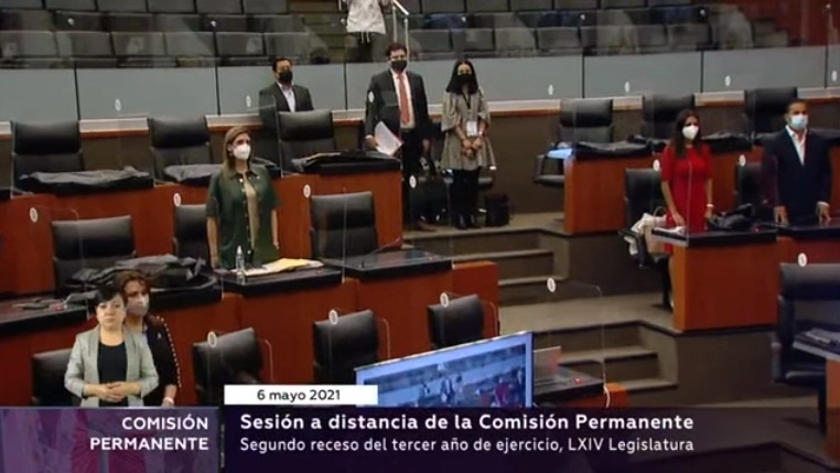 Legisladores permanecen de pie durante el minuto de silencio en memoria de las víctimas del accidente de la Línea 12 del Metro en la CDMX. Imagen tomada de la transmisión en vivo