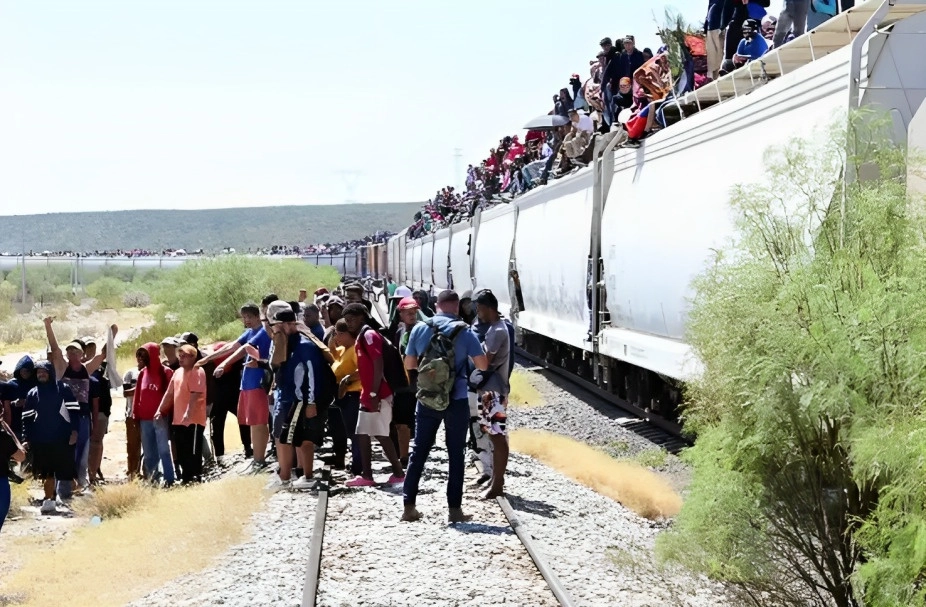 Tren de carga de la empresa Ferromex en el que viajaban de manera clandestina mil 800 migrantes. Foto 'La Jornada'