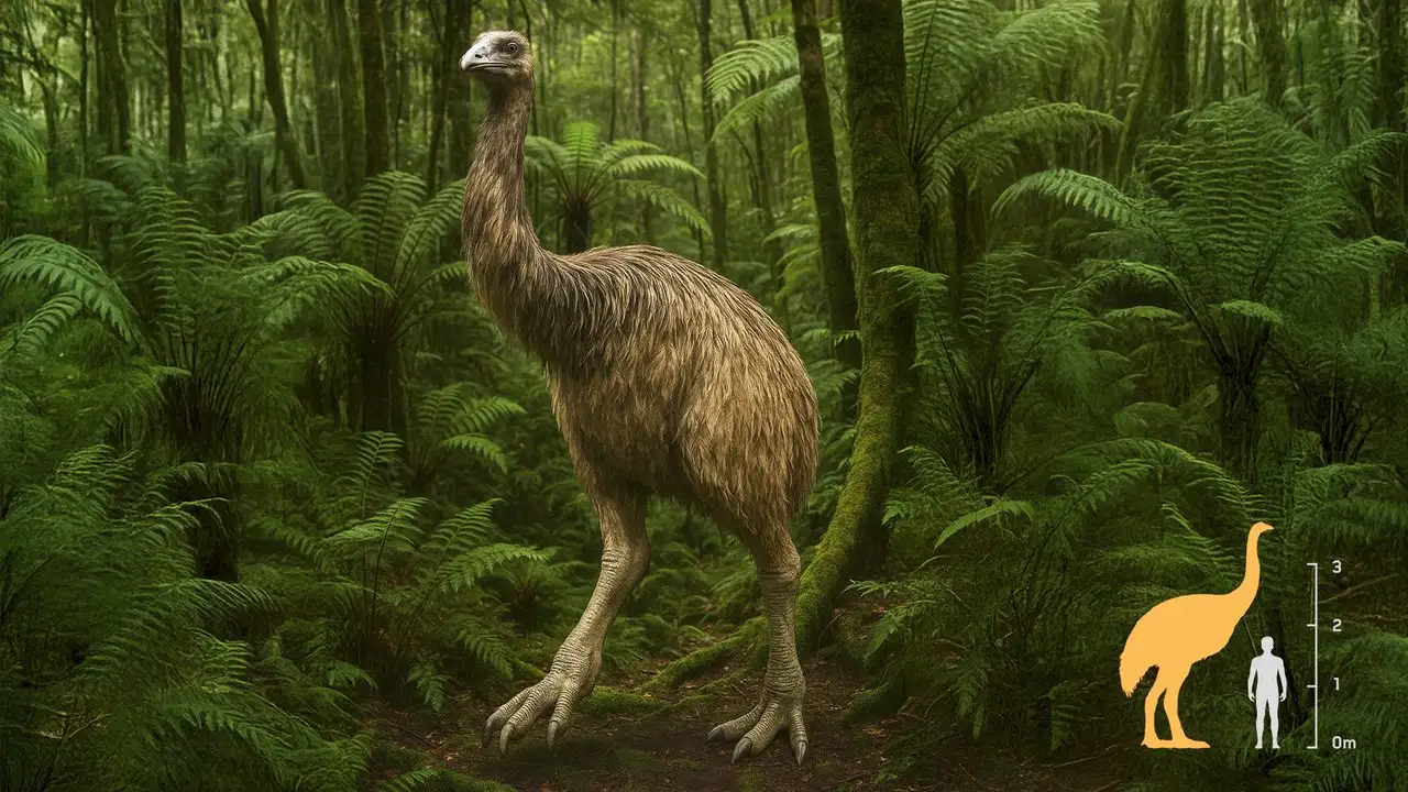 Representación del moa gigante de la Isla Sur de nueva Zelanda, que llegó a medir 3.6 metros de altura.