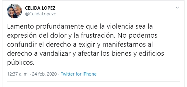 La presidenta municipal de Hermosillo expresó su postura respecto a las protestas feministas en la seden del Poder Judicial. Foto Twitter @CelidaLopezc 