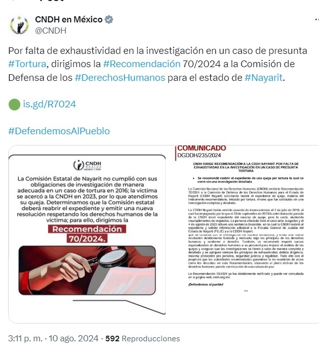 Publicación de la CNDH en su perfil de X.
