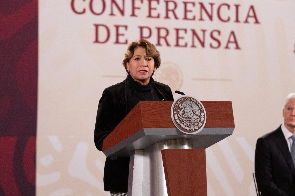 Delfina Gómez, gobernadora del estado de México, en la conferencia presidencial matutina del 21 de julio de 2023. Foto Pablo Ramos