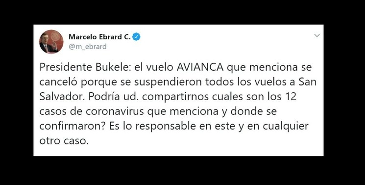 Respuesta del canciller vía Twitter al presidente salvadoreño, Nayib Bukele. Imagen tomada de la cuenta de Twitter @m_ebrard

