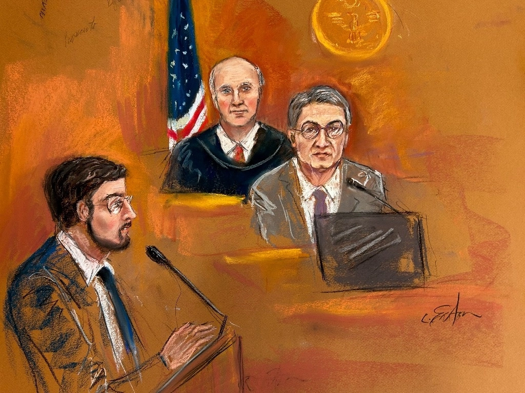 En este boceto de la sala del tribunal, el juez Kevin Castell (centro) preside la sala mientras el expresidente de Honduras Juan Orlando Hernández (derecha) testifica el miércoles 6 de marzo de 2024 en Nueva York. Foto Ap