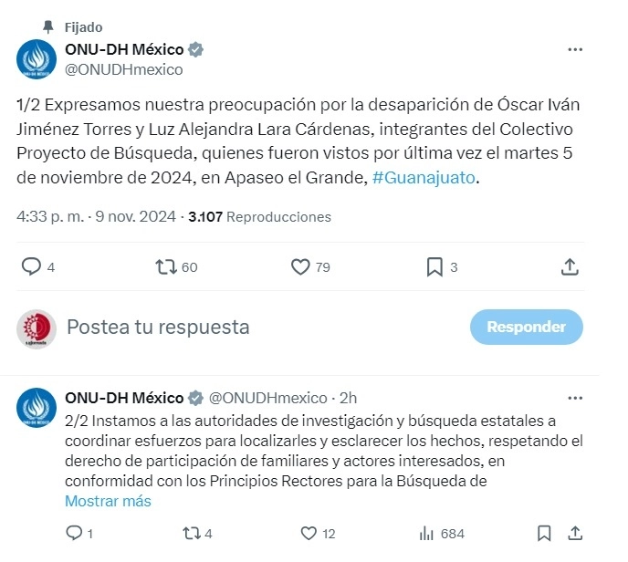 Publicaciones que hizo ONU DH México en su perfil de X.