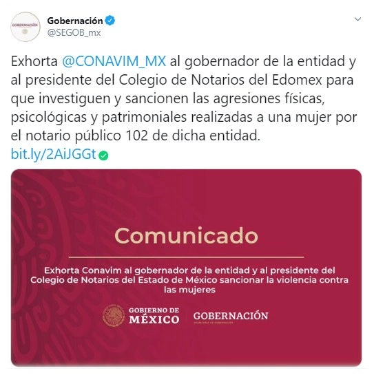 “No puede tolerarse ningún tipo de violencia contra mujeres, menos aun cuando éstas provienen de un notario público”, advirtió. Imagen tomada de @SEGOB_mx