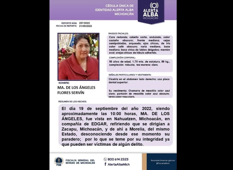 La mujer y su abogado desaparecieron el pasado 19 de septiembre después de salir de la Fiscalía Regional de Zacapu, Michoacán. Imagen tomada de facebook.com/AlertaAlbaMichoacan