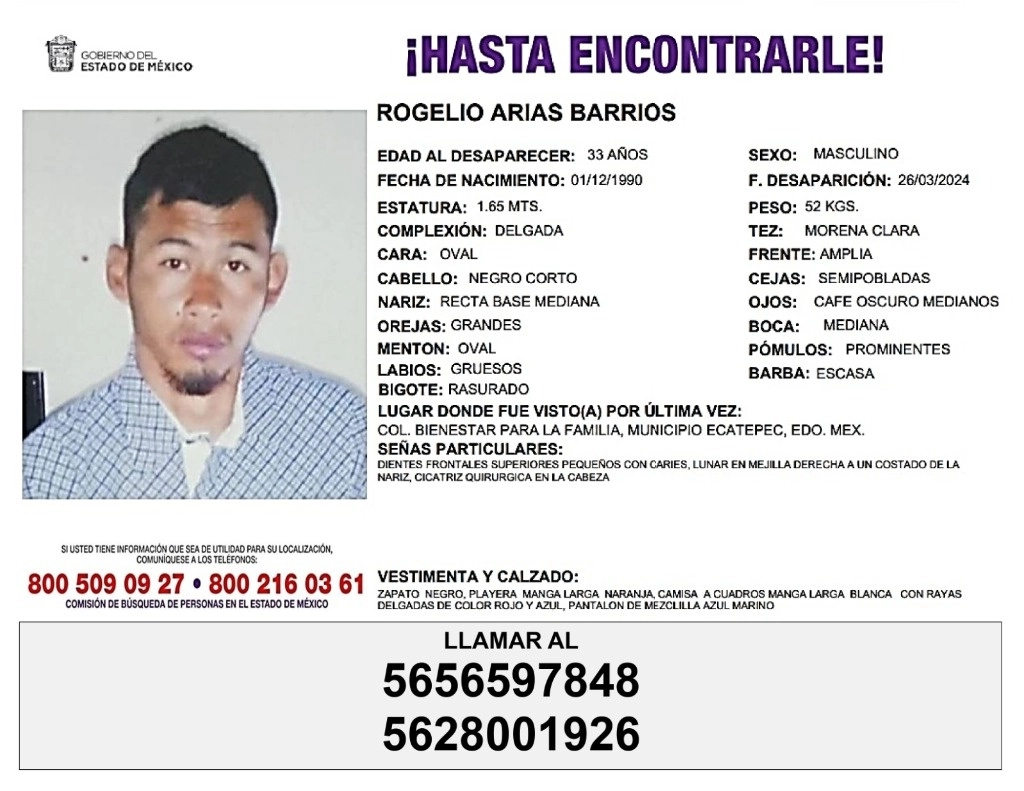Autoridades de Ecatepec, emitieron una ficha de búsqueda de Rogelio Arias Barrios. Foto Gobierno Edomex