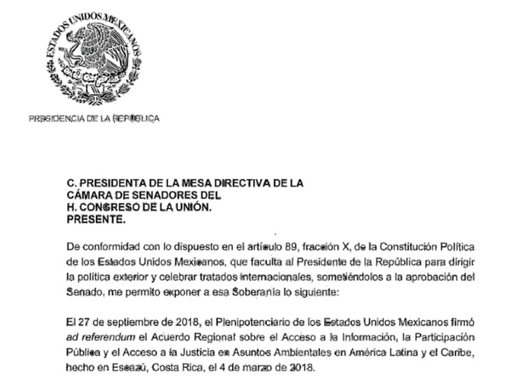 El gobierno de Andrés Manuel López Obrador sometió a consideración de la Cámara de Senadores la ratificación del Acuerdo de Escazú. Imagen tomada del Twitter @LacP10info
