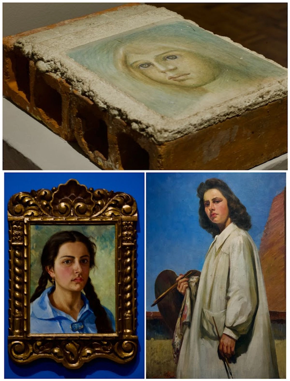 ‘Estudio para fresco’ (s.f.), de la colección Ángel Calvo, ‘Autorretrato al exterior’ (1940) y ‘Autorretrato con vestido azul’ (1930), obras de Pilar Calvo incluidas en la exposición ‘Travesías de trazo y color’. Foto 