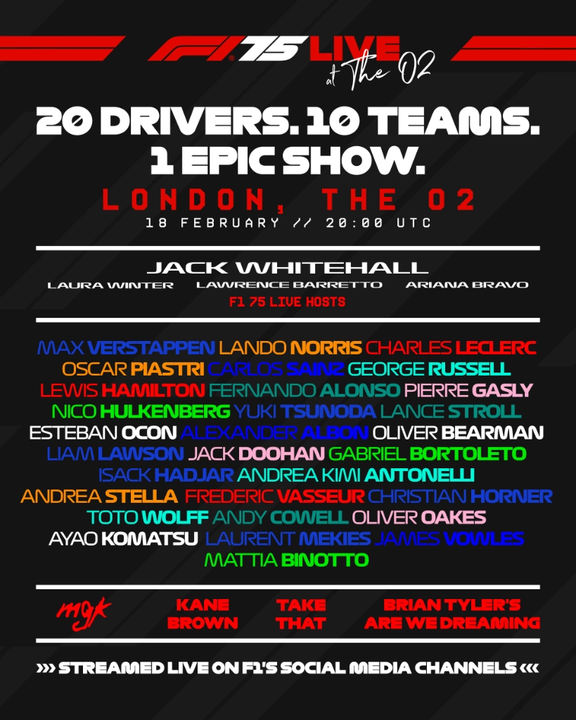 Los 20 pilotos y 10 equipos de la Fórmula 1 se reúnen en Londres para dar inicio a la temporada 2025 con una nueva gala en vivo. Imagen tomada de @F1