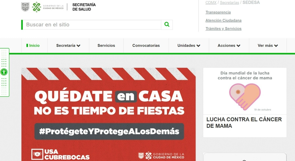 La página oficial de la Secretaría de Salud de la Ciudad de México. Imagen tomada del sitio de https://www.salud.cdmx.gob.mx