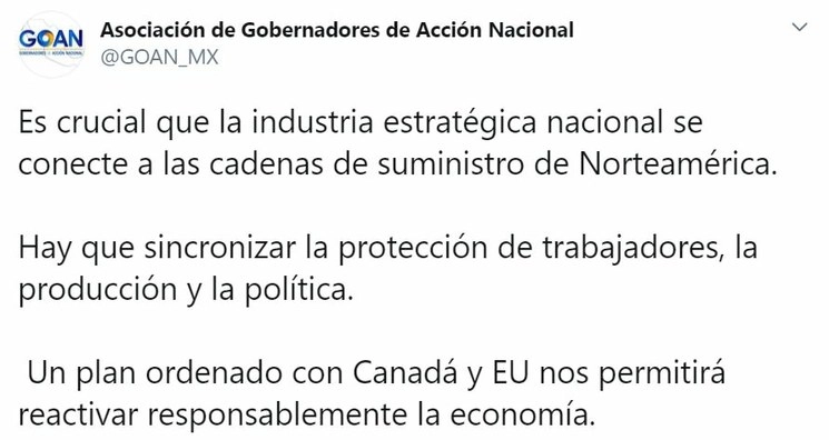 Mensaje emitido por la Asociación de Gobernadores de Acción Nacional en su cuenta de Twitter @GOAN_MX
