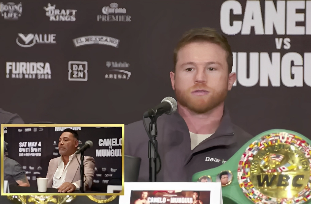 La conferencia de prensa previa al combate Saúl 'Canelo' Álvarez contra Jaime Munguía no fue un preámbulo del pleito entre dos boxeadores sino entre el campeón indiscutido y su anterior promotor, Óscar de la Hoya, quien ahora conduce la carrera del retador de Tijuana. Foto tomada de la transmisión en vivo