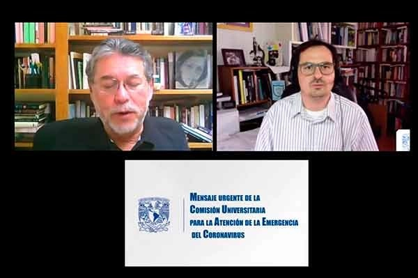 Samuel Ponce de León, coordinador del PUIS y de la Comisión Universitaria para la Atención de la Emergencia del Coronavirus, y Mauricio Rodríguez, vocero de la misma Comisión. Foto tomada del sitio de https://www.unam.mx/