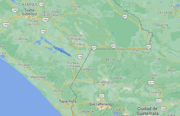 Pobladores del ejido Sinaloa, municipio de Frontera Comalapa, bloquearon la carretera que comunica a Comitán con Guatemala y la sierra de Chiapas para exigir la aparición con vida del presidente del comisariado ejidal. Imagen tomada de Google Maps