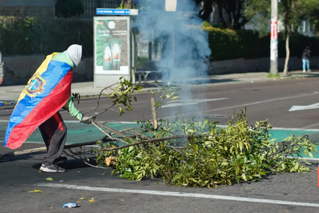 Un manifestante envuelto en la bandera de Ecuador quema ramas de árbol para bloquear una de las avenidas principales de Quito, el 21 de junio de 2022. Foto Afp 