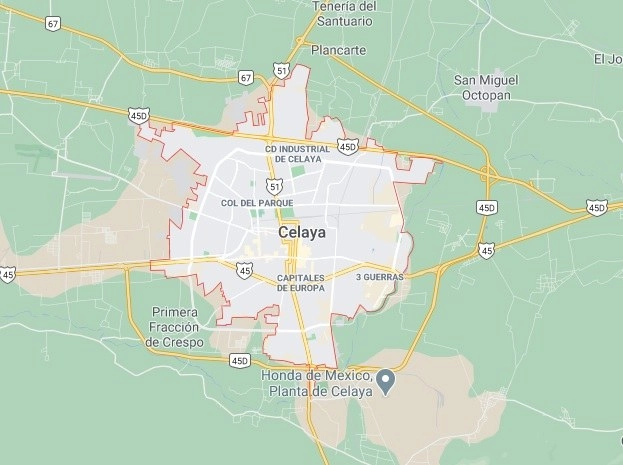 El enfrentamiento entre policías y civiles armados ocurrió en la ciudad de Celaya, Guanajuato. Captura de imagen de Google Maps
