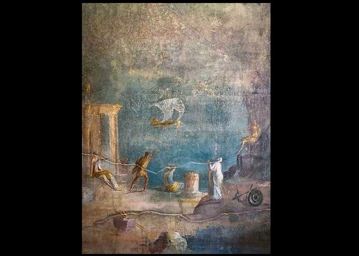 Fresco en la ‘‘Casa de los Huertos’’, captado ayer durante un recorrido del superintendente especial de Pompeya, Massimo Osanna, con representantes dela prensa. Ahí se anunció la terminación de los trabajos de preservación de ese sitio incluido en la lista de patrimonio de la humanidad. Foto Afp