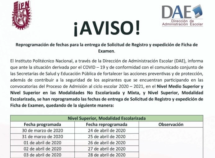 El IPN publicó las nuevas fechas de registro para aspirantes de ingreso al ciclo escolar 2020-2021. Foto www.admision.ipn.mx/portal/