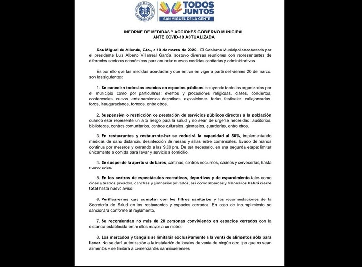 
Comunicado del Gobierno de San Miguel Allende, Guanajuato sobre las medidas adoptadas para evitar contagios de Covid-19. Foto @GobSMA 