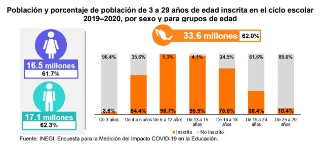 La crisis por Covid-19 no sólo expulsó a millones de trabajadores del mercado laboral en México, también dejó fuera al menos a 2.3 millones de personas entre 3 y 29 años que no se inscribieron al ciclo escolar actual por causas relacionadas con la pandemia. Imagen tomada del sitio de www.inegi.org.mx