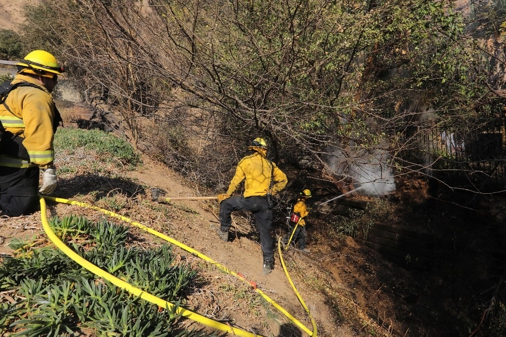 Bomberos continúan trabajando para apagar en su totalidad los incendios registrados en Los Ángeles. Foto Xinhua