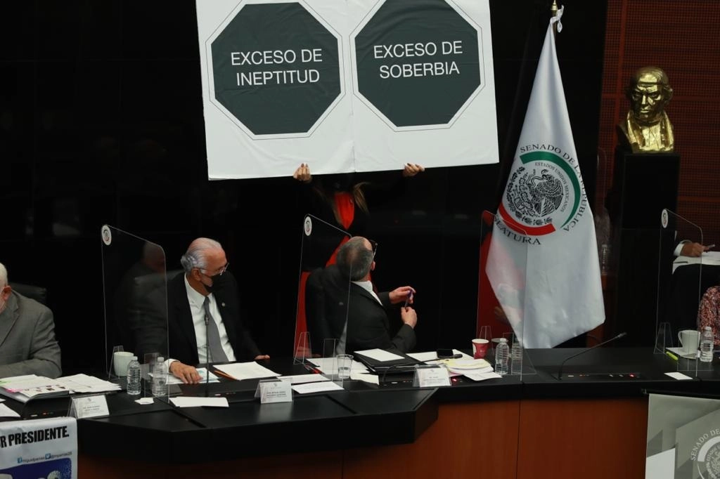 La senadora Martha Márquez del PAN protesta durante la comparecencia del subsecretario de Prevención y Promoción de la Salud, Hugo López-Gatell. Foto María Luisa Severiano