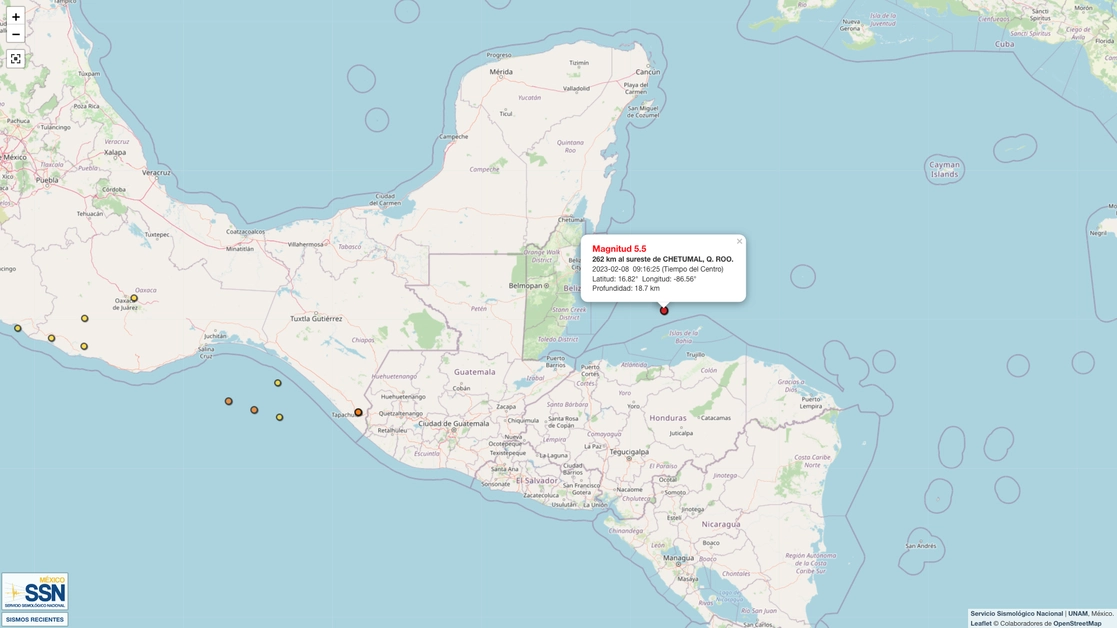 El sismo de 5.5 grados se registró a 262 kilómetros al sureste de Chetumal, Quintana Roo. Foto tomada del sitio de http://www.ssn.unam.mx