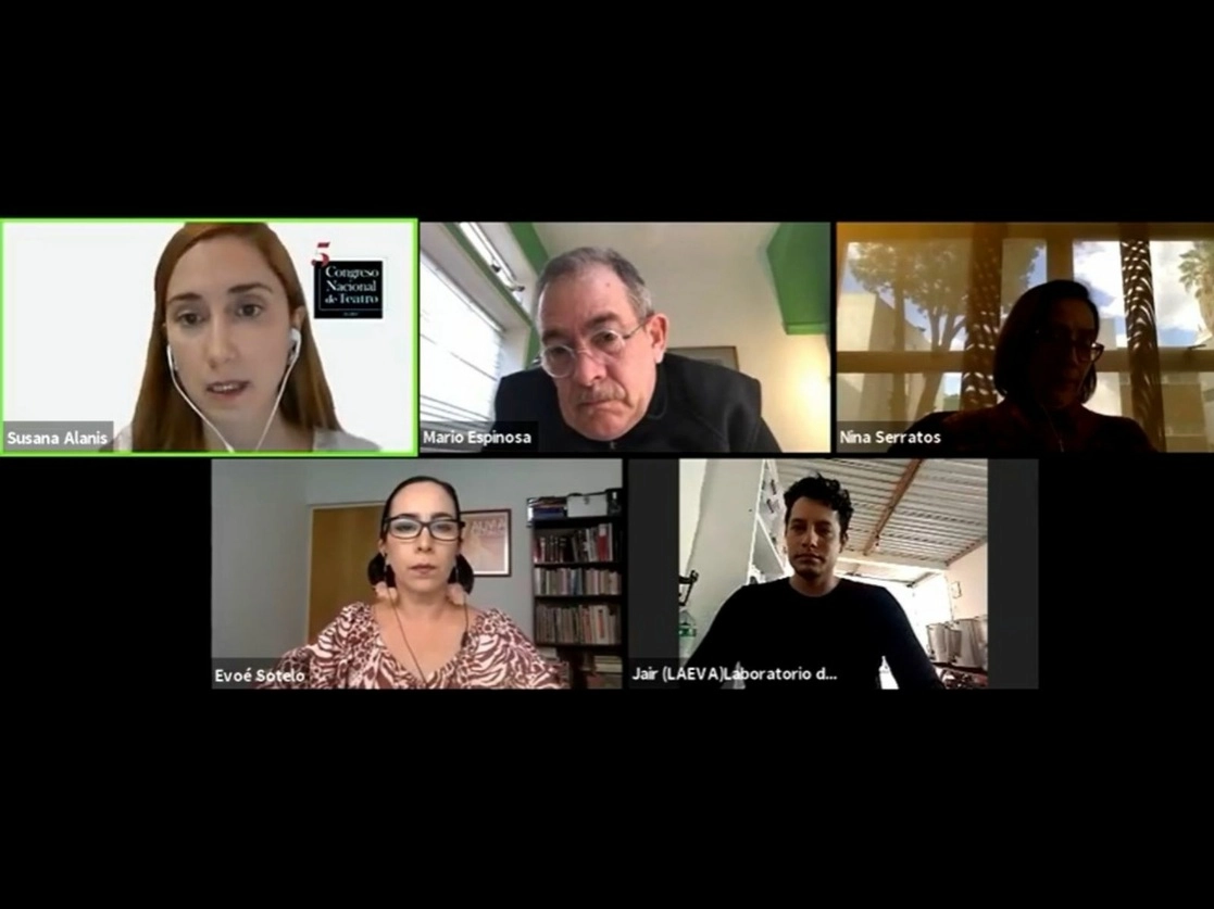 Participantes en el conversatorio "Acciones frente a los problemas económicos, sociales y de salud de las y los creadores escénicos agudizadas por la contingencia", dentro del quinto Congreso Nacional de Teatro. Imagen tomada de la transmisión en vivo a través del Facebook @CongresoTeatroN