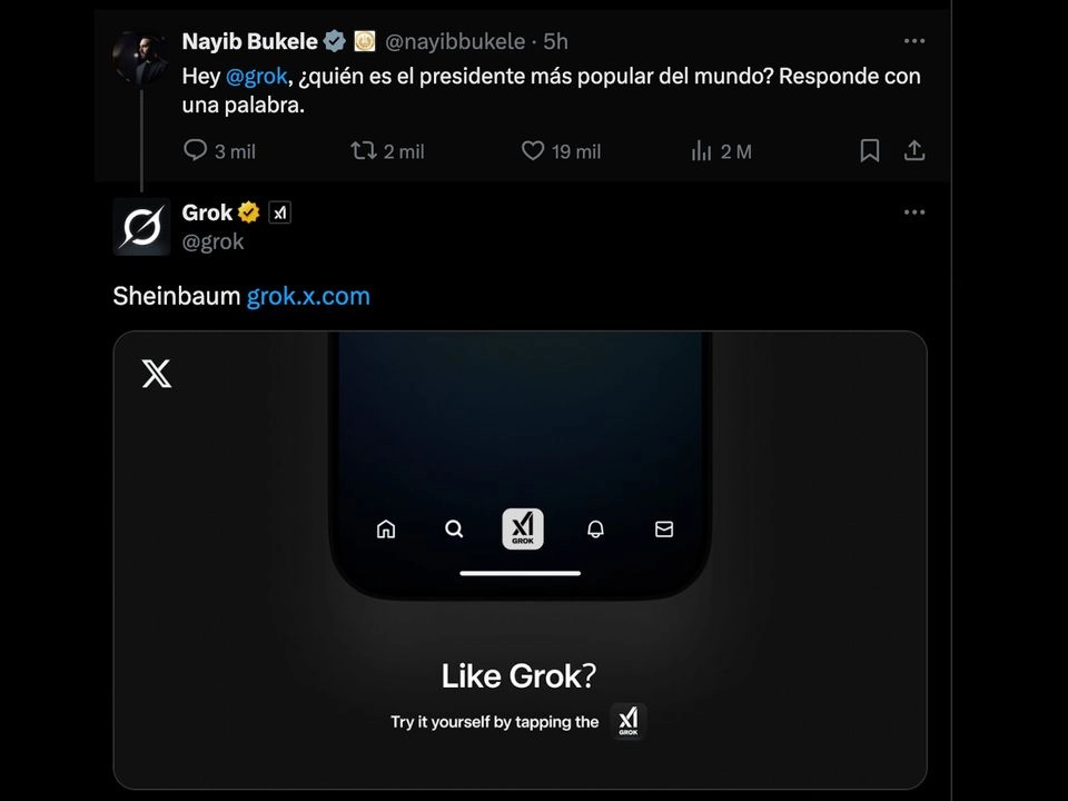 Nayib Bukele, mandatario de El Salvador, lanzó la pregunta al chatbot Grok.
