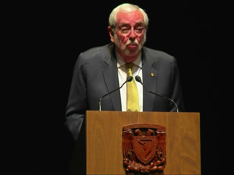 El rector de la UNAM, Enrique Graue, durante la ceremonia por el Día del Maestro, el 17 de mayo de 2023. Imagen tomada de la transmisión en vivo a través del canal de Youtube de UNAM Global TV