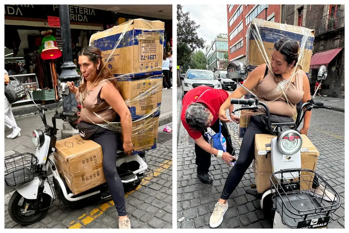 En diciembre comenzará el proceso para emplacar bicimotos y scooters eléctricos y expedir licencias de manejo en la Ciudad de México. La jefa de Gobierno, Clara Brugada, informó que su administración ya está en gestiones con las autoridades federales. En la imagen, una mujer en una bicimoto eléctrica se alista para transportar mercancías sujetas a su cuerpo con cinta adhesiva, en la calle de Mesones, en el Centro Histórico de la capital del país. 