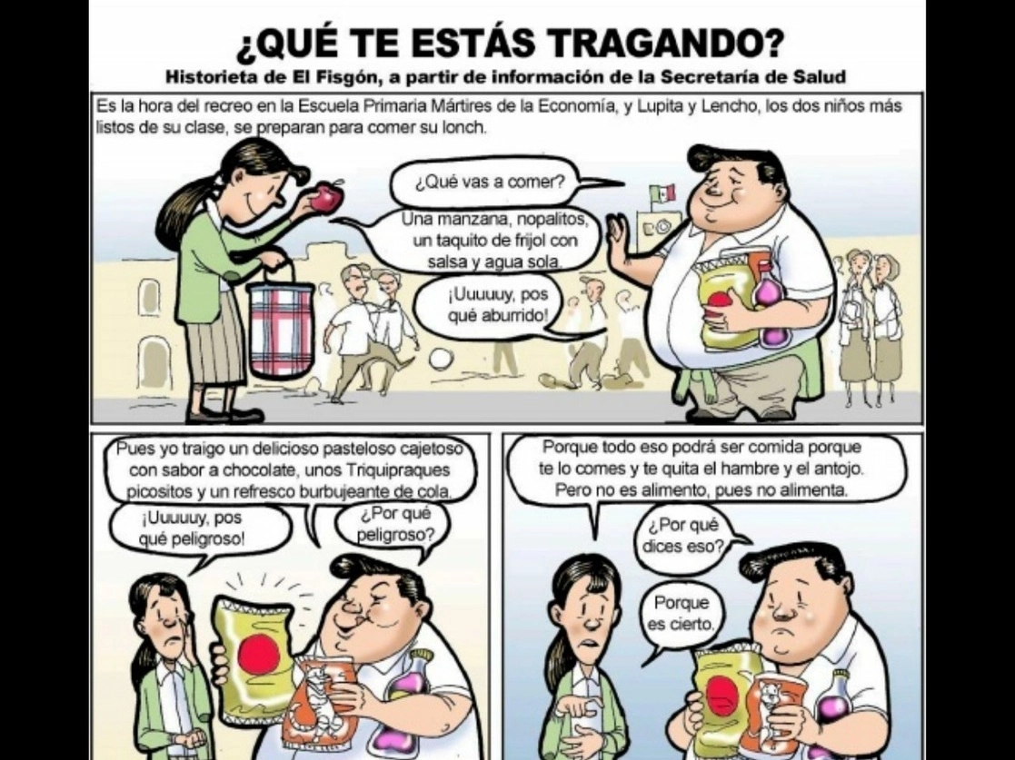 El gobierno federal presentó ‘¿Qué te estás tragando?’, un historieta creada por ‘El Fisgón’, como parte de una campaña nutricional emprendida por el gobierno federal. Imagen tomada de la historieta