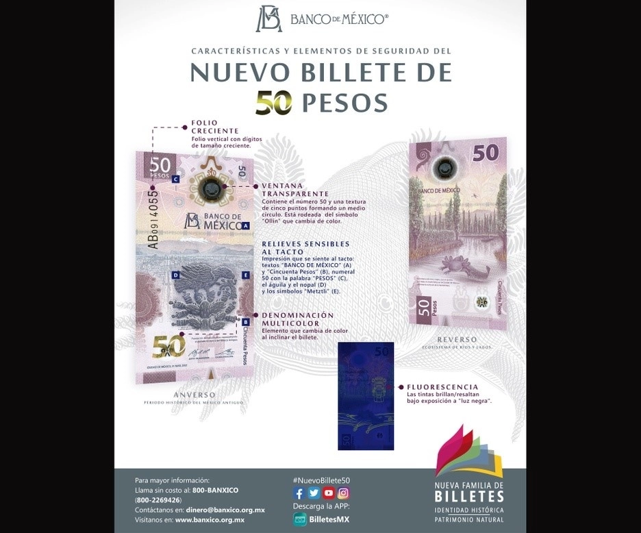 El Banco de México presentó hoy su nuevo billete de 50 pesos cuyo diseño contiene motivos temáticos que aluden al periodo histórico del México Antiguo, con la fundación de Tenochtitlán. Imagen tomada del Twitter de @Banxico