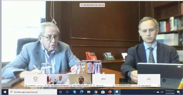 El titular de Salud, Jorge Alcocer (izq) y el doctor Hugo López-Gatell (der) durante la reunión virtual. Foto tomada de la cuenta de Twitter @JMCarrerasGob
