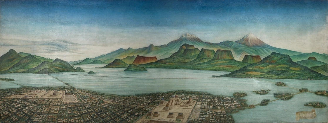 Óleo de Luis Covarrubias ‘México-Tenochtitlan: el valle y los lagos en el siglo XVI’ (1964), que representa la ciudad mexica con su recinto sagrado al centro de la isla. Foto Colección del Museo de la Ciudad de México