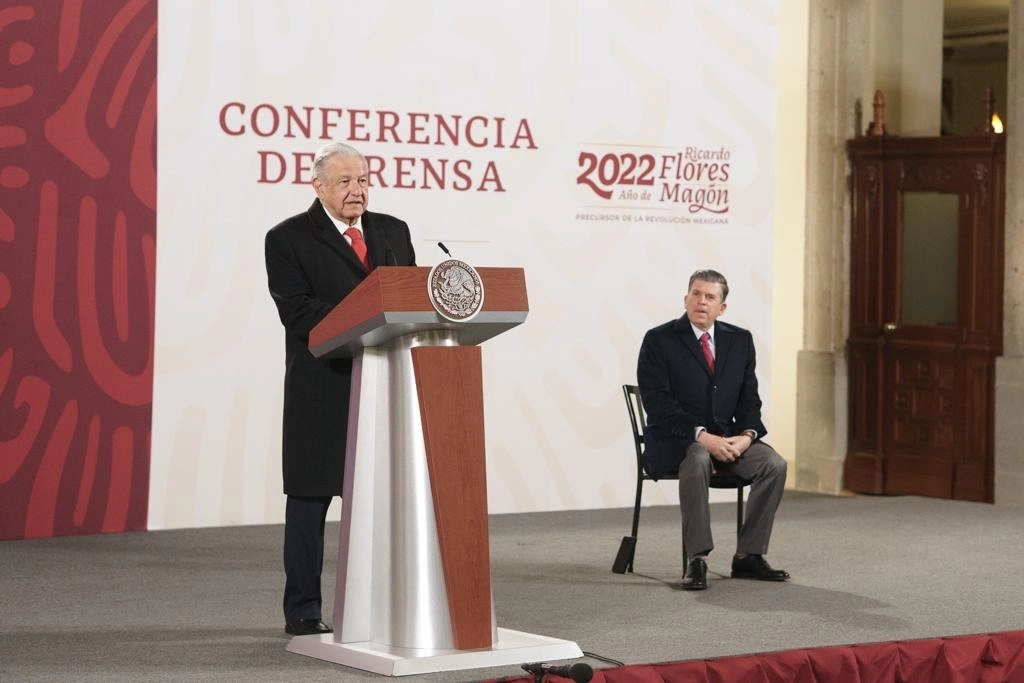 El presidente de México, Andrés Manuel López Obrador, durante su conferencia matutina en Palacio Nacional, en la Ciudad de México, el 14 de febrero de 2022. Foto Pablo Ramos