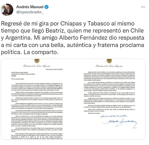 El Presidente publicó en sus redes la carta que le envió su similar argentino.