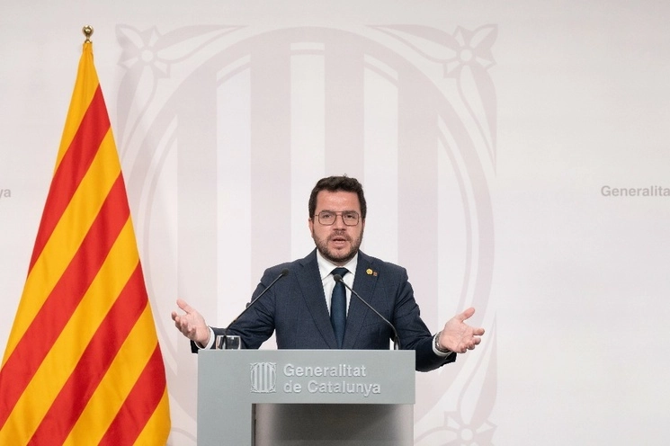 El president de la Generalitat, Pere Aragonès, interviene durante una rueda de prensa, posterior al Consell Executiu, a 1 de agosto de 2023, en Barcelona, Catalunya (España). Foto Europa Press
